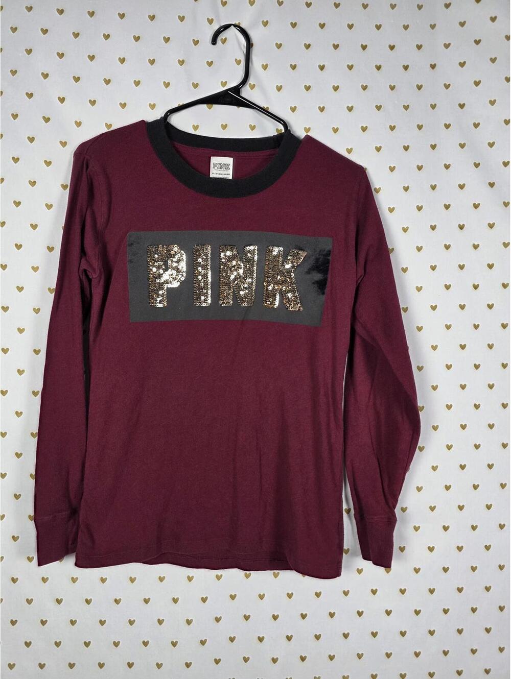 Victorias Secret PINK Long Sleeve Maroon BLING SEQUINED Tee Shirt XS